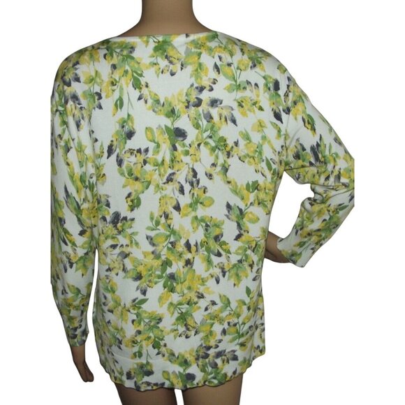 Emaline Cardigan Sweater Womens Large Button green yellow white floral gray - Picture 2 of 8